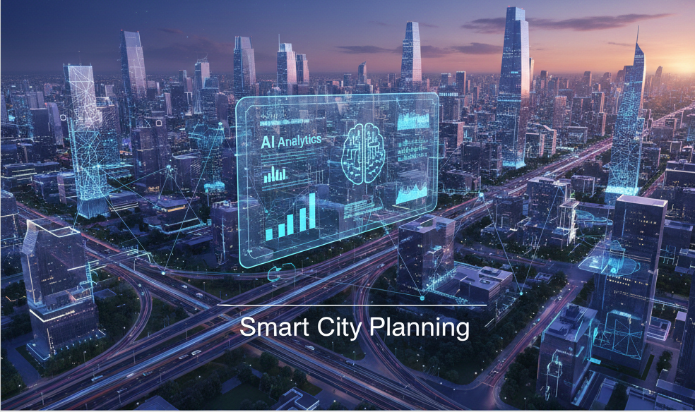 Aerial view of a smart city with integrated mobility, energy, and data infrastructure overlaid
